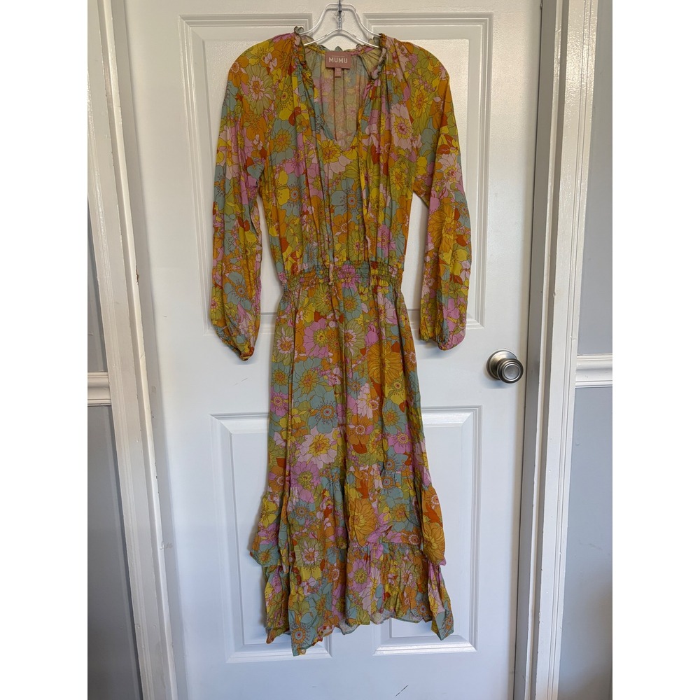 Show Me Your Mumu Midi Dress Women XS Yellow Floral Smocked Waist Boho Retro 70s